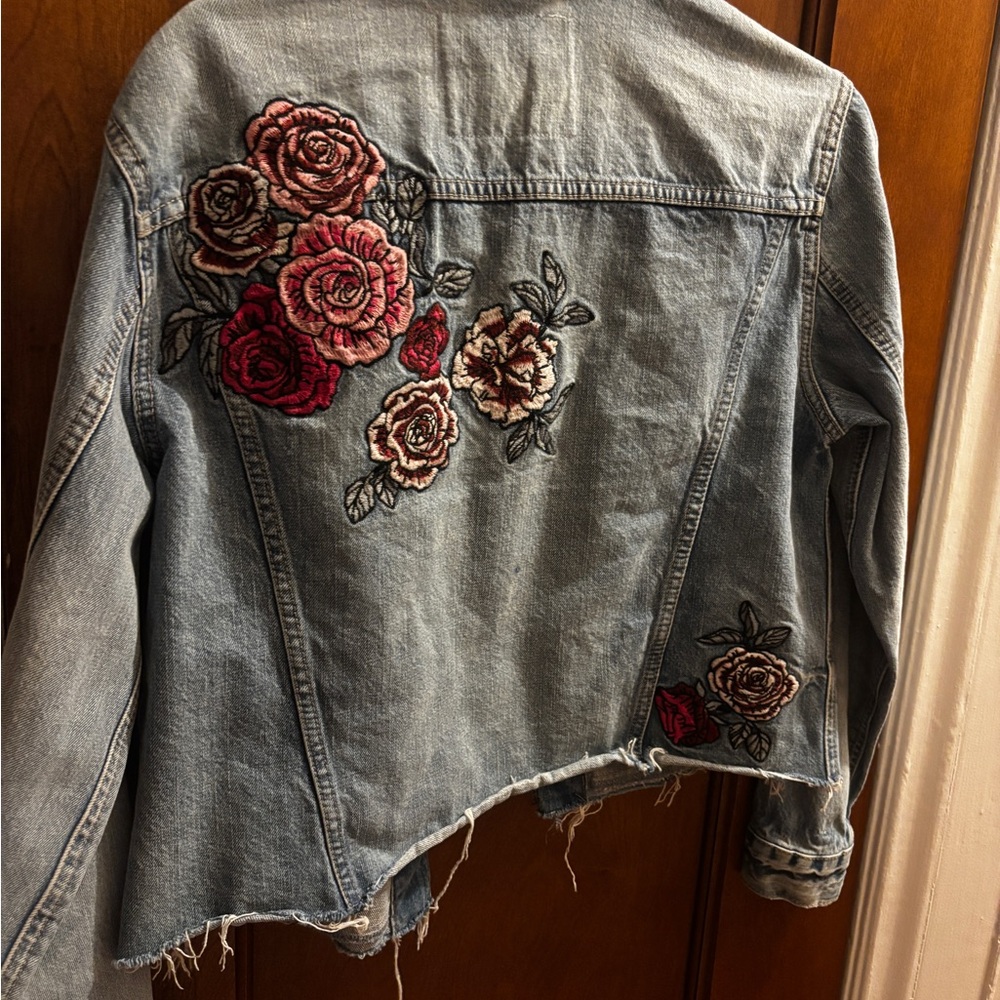 GARAGE Distressed Boyfriend Fit Denim Jacket - Flowers Embroidered on Back
